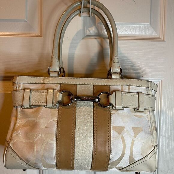 Coach Hampton beige and tan canvas logo and leather accents and trims Satchel.
